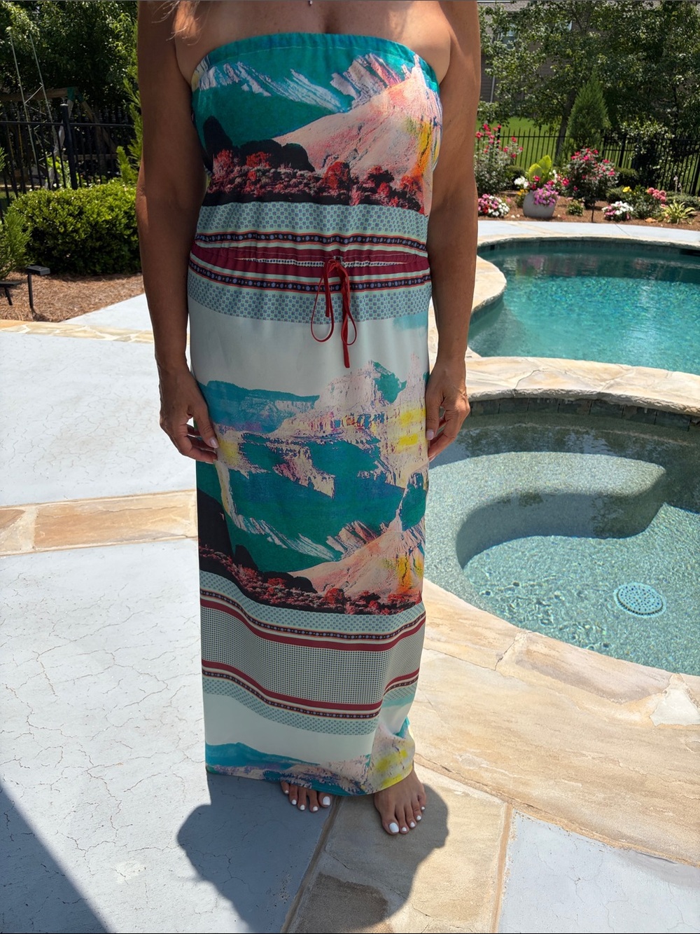 Clover Canyon Strapless Maxi Dress in Teal, Coral, Red and Yellow Print